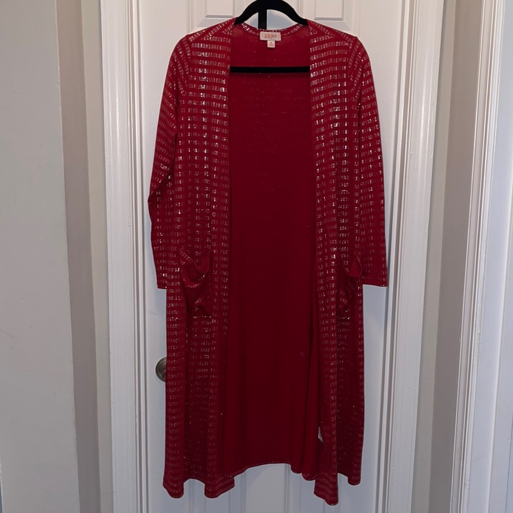 EUC LuLaRoe Red and Gold Holiday Sarah Cardigan Sweater Size Medium 10-12
